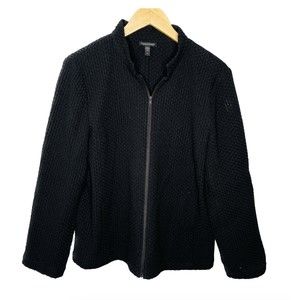 Eileen Fisher Waffle Textured Full Zip Black Jacket Womens L YDU Tencel Lyocell